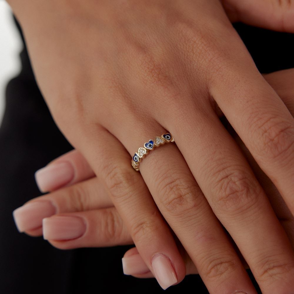 Nazar Gözlü Kalp Taşlı Yüzük