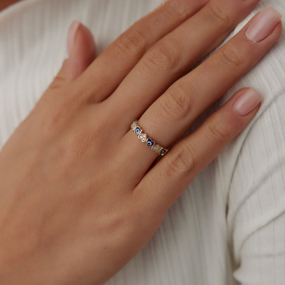 Nazar Gözlü Kalp Taşlı Yüzük