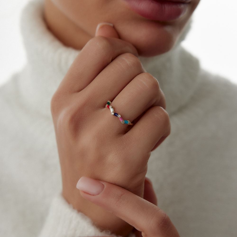 Renkli Çubuk Nokta Taşlı Tasarım Yüzük