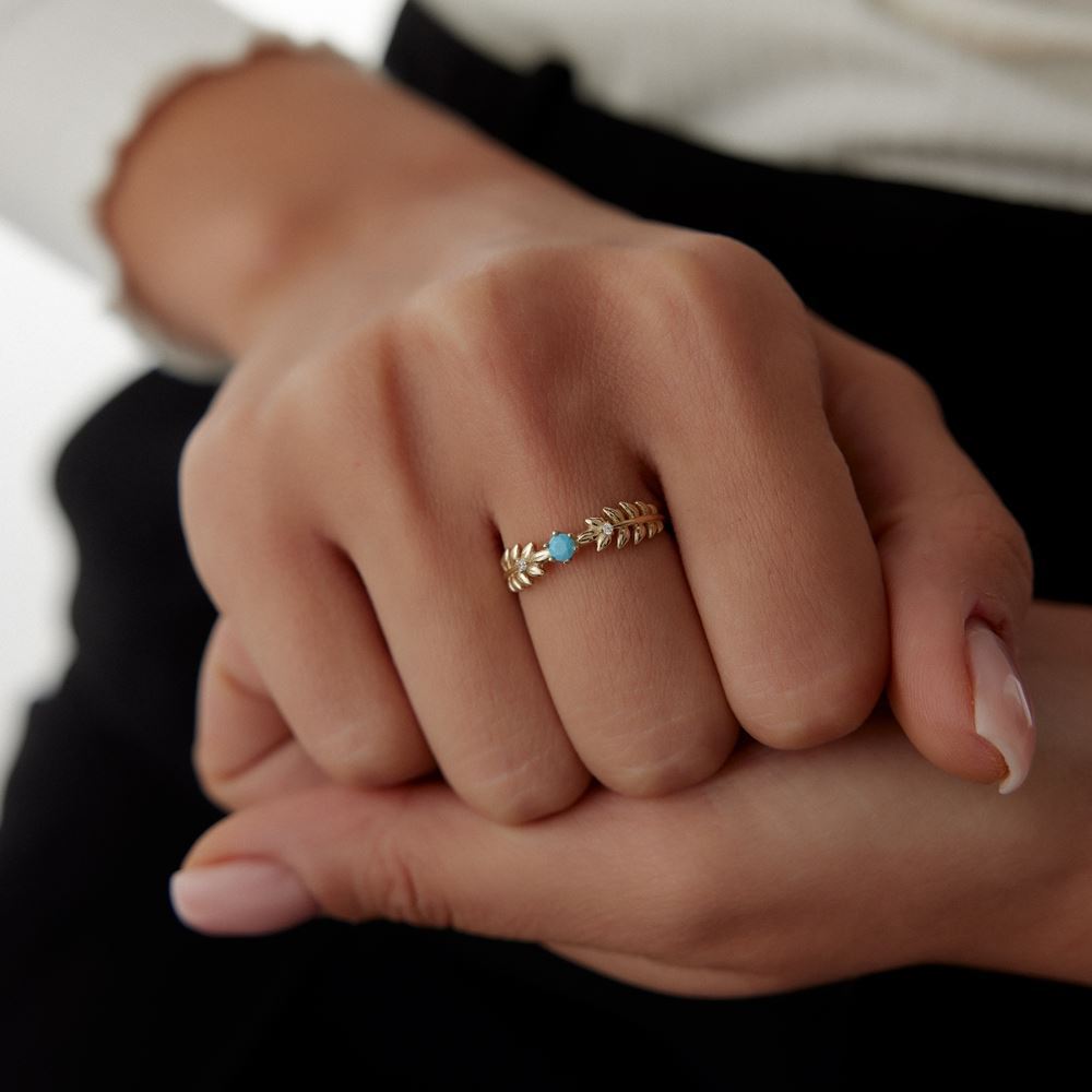 Yaprak Tasarım Turkuaz Mineli Yüzük