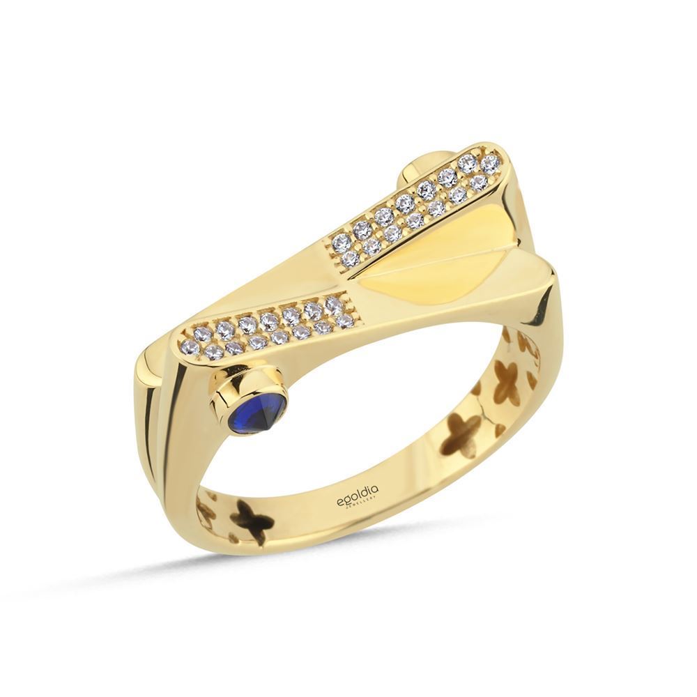 Dikey Çapraz Tasarım Yeşil Taşlı Yüzük