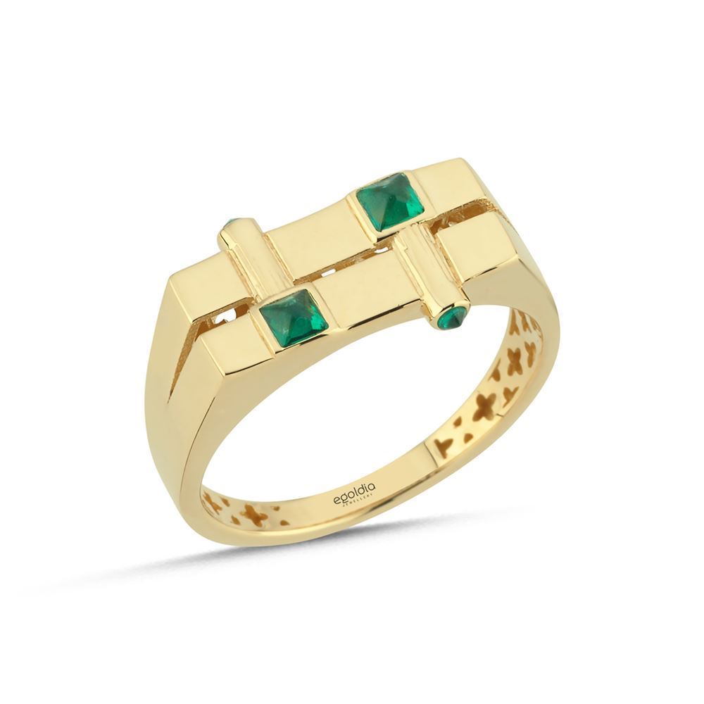 Dikdörtgen Tasarım Yeşil Taşlı Yüzük