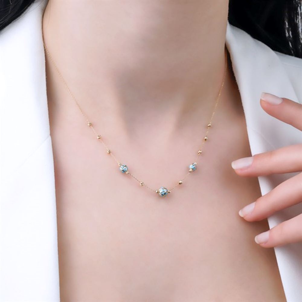 Mavi Üç Toplu Altın Trend Kolye